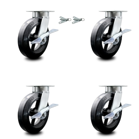 8 Inch Kingpinless Rubber On Steel Wheel Caster Brakes 2 Swivel Locks SCC, 4PK
